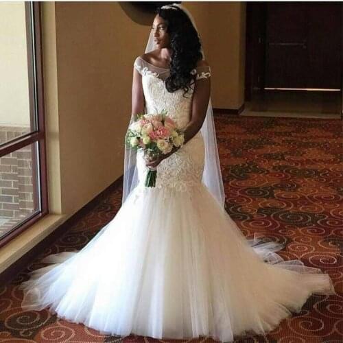 Africa Off Shoulder Mermaid Wedding Dress Cap Sleeve Lace Applique Ivory Long Wedding Dress Party Dresses Custom Made Plus size