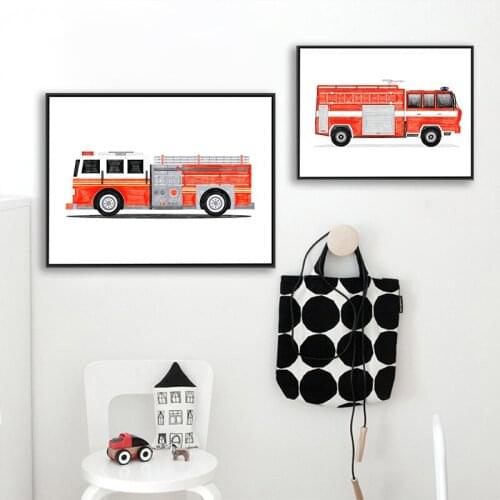 Watercolour Firetruck Art Painting Boys Room Decor Fire Truck Transportation Poster Canvas Print Kids Classroom Wall Art Decor