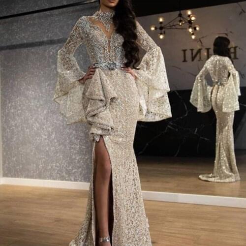 Dubai Arabic Women Evening Dress 2020 Luxury Lace Beading Ruffled Long Sleeves Mermaid Prom Dresses Long High Split Formal Gowns