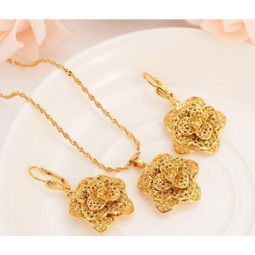 Bangrui New Christmas gold flower rose Women Bridal Jewelry Set pendant Earrings African girls Wedding Jewelry gift