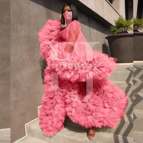 Watermelon Red Long Puffy Party Dress Fashion Long Sleeve Open Front Tulle Robes with Bow Sash High Quality Maternity Dresses