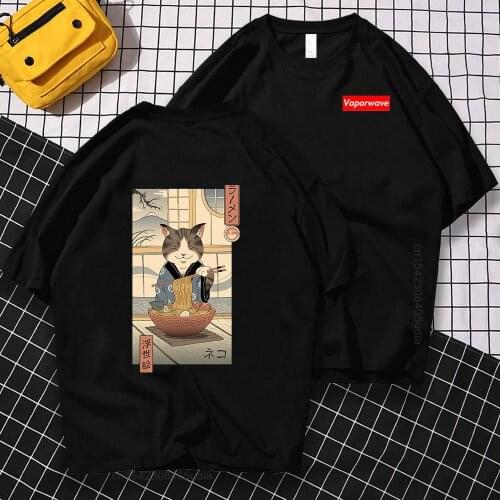 Neko Ramen Ukiyo-E Japan Print Mens Tshirt Simplicity Brand Streetwear Loose Oversize T Shirt Pattern Tee Men