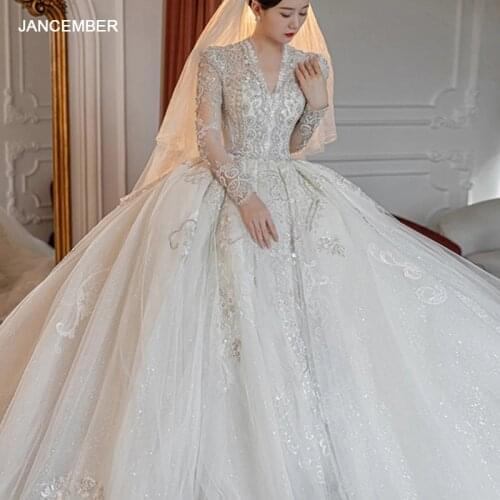 HLF17 2021 Wedding Dress Glitter V Neck Long Sleeve Party Bridal Dresses Vestido De Noiva Gelinlik Arabic Mariee Shiny