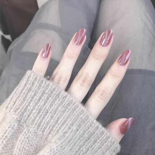 Beautiful pink cat eye UV gel false nails french 24pcs Bride lady gel full nail tips Round cute fake nails Japanese