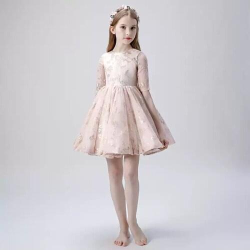 Flower Girl Dresses Illusion Short Sequined O-Neck Princess Knee-Length Lace Tulle Luxury Champagne Elegant Kids Party Gown H495