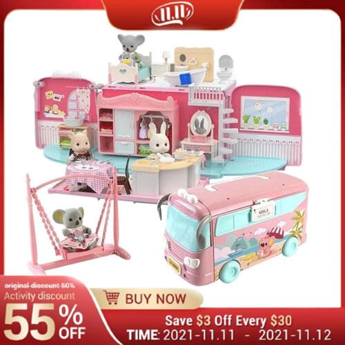 Dollhouse Bus Bakery Shop Duplex Pretend Play Car Toy Japan Forest Animal Bunny Bear Squirrel Koala Family Bedroom Kitchen Girls