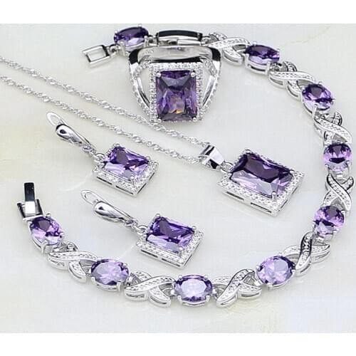 Square Purple Crystal White Zircon 925 Sterling Silver Jewelry Sets For Women Wedding Earrings/Pendant/Necklace/Bracelet/Ring