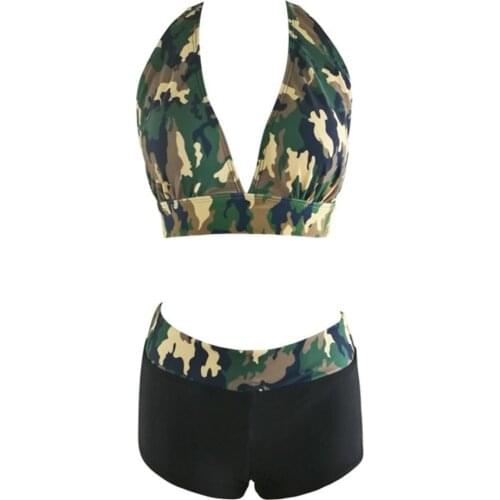 40%HOT Women Summer Camo Print Sexy Backless Halter Bandage Bikini Two Pieces Swimwear