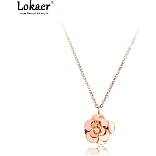 Lokaer Fashion 316L Stainless Steel Rose Flower Charm Pendant Necklaces Jewelry Rose Gold Wedding Necklace For Women N21122
