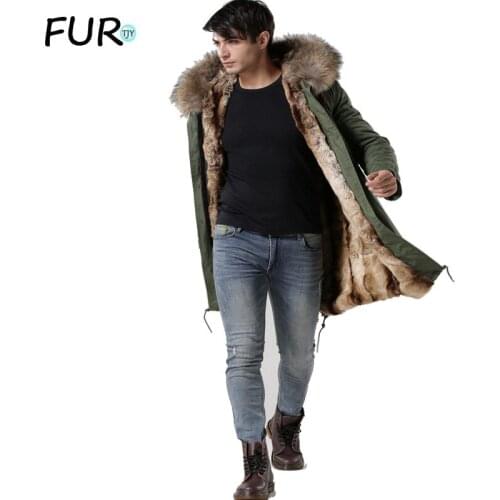 Hot Sales Italy male real raccoon fur collar jacket Mr Mrs fur lined long parka with faux rabbit fur winter male coats