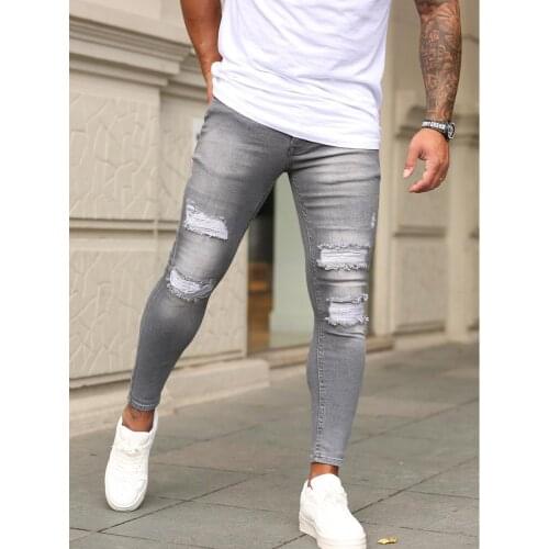 Mens Quilted Ripped Jeans High Quality Stretch Skinny Denim Pants MAN Motorbike Elastic Waist Patchwork Jogging Denim Trousers