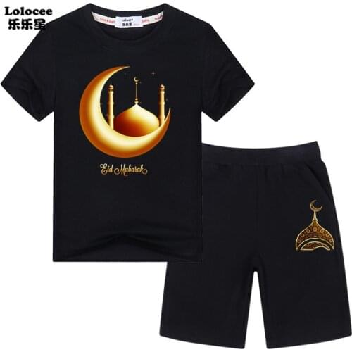 2021 New Ramadan EID Outfits Boys Girls Short Sleeve Muslim T-shirt and Shorts 2 piece Outfits Children Clothes