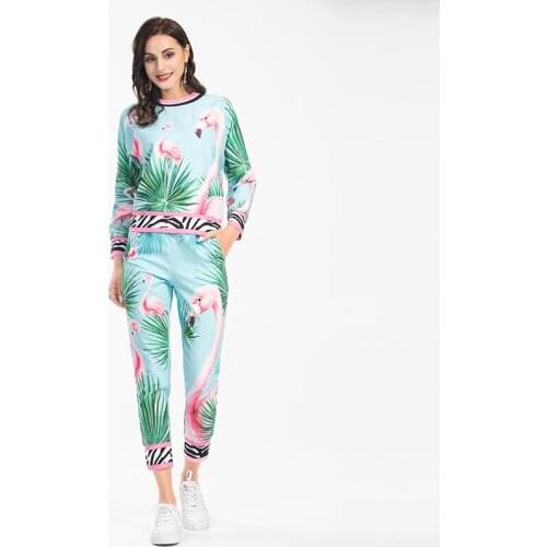 MIUXIMAO 2021 New Autumn Womens Sets O-Neck Printing Jacket + Trousers Two Piece Suit Fashion Casual