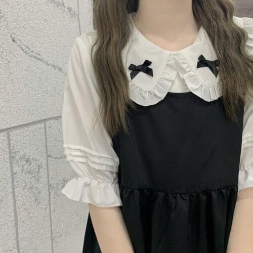 Japanese All Match Bow Shirt Dress Women Sweet Cute Peter Pan Collar Puff Sleeve Tops Black Strap Dresses Soft Girl 2-Piece Set
