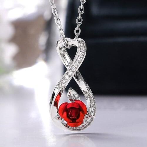 JK Romantic Rose Necklace for Women Wedding Bands Jewelry Red Flower Heart Design Female Pendant Necklaces Hot Selling 2021