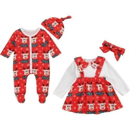 3Pcs Children Christmas Outfits Lapel Long Sleeves Top + Cartoon Printed Suspenders Skirt + Hairband Suit 1-6 Y Costumes