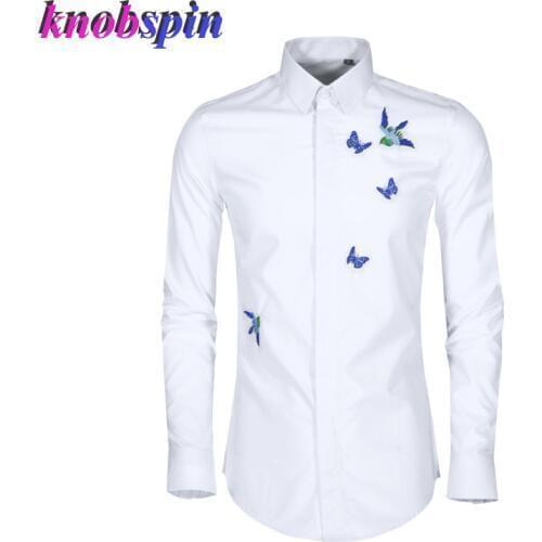 High quality White Black shirt men Bird Embroidery full sleeve Chemise homme Casual slim Solid business male dress shirts