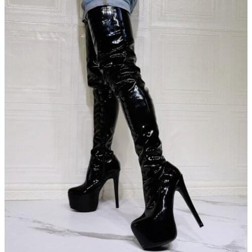 Moraima Snc Fashion Platform High Heel Boots Black Patent Leather Over the Knee Thigh High Boots 35-44 Long Boots Women