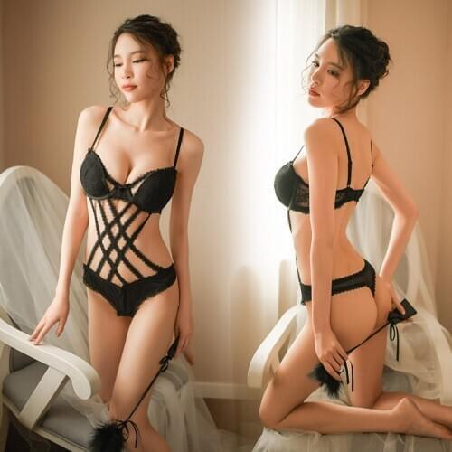 Sexy lingerie womens steel support gathered cotton pad lace mesh three-point onesie sexy suit