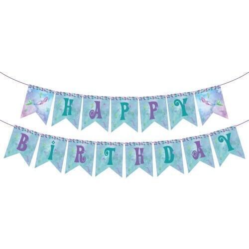 Little Mermaid Birthday Party Favors Girls Happy Birthday Hanging Bunting Cartoon Mermaid Baby Shower Party Decoration Supplies