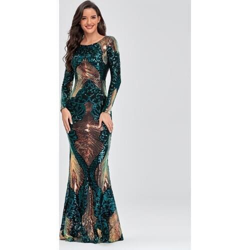 O-neck Long-Sleeve Shinning Sequins Evening Dresses Sexy Backless Mermaid Party Gowns Maxi Elegant Multi Female Robes vestidos