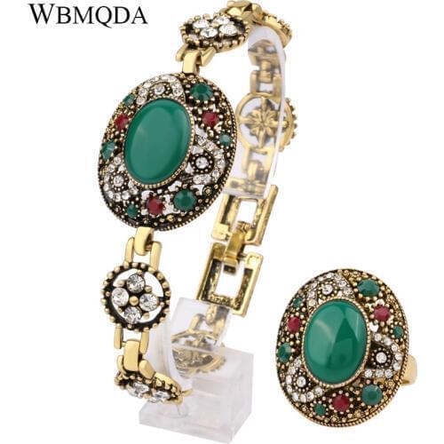 Wbmqda 2 Pcs/lot Turkey Bohemian Jewelry Sets Bracelets And Rings For Women Gold-Color Oval Main Stone Crystal Party Gifts