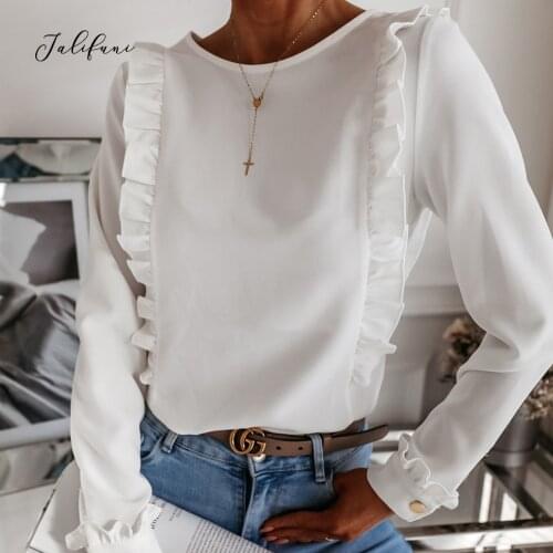 O Neck Ruffles Autumn Shirt Women Casual Long Sleeve Patchwork Button Tops Solid Lady Back Single Breasted Office Fashion Shirt