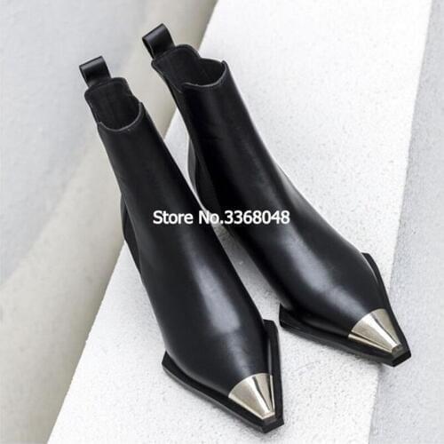 2019 Women Leather Low Heels Short Ankle Boots Runway Metal Pointed Toe Stilettos Plush Winter Shoes Stage Black Booties Women