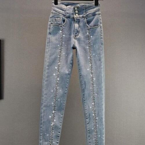 Thin Jeans Women 2021 Spring Summer New Elastic Slim Irregular Denim Pants Hot Drilling Pencil Pants Ladys Jeans