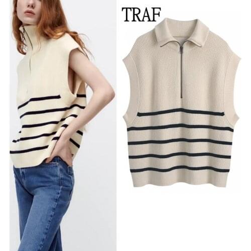TRAF Za Women Turtleneck Sweater Vest 2021 Fashion Stripe Sleeveless Sweater Female Knitted Vest Casual Top Female Chic Tops