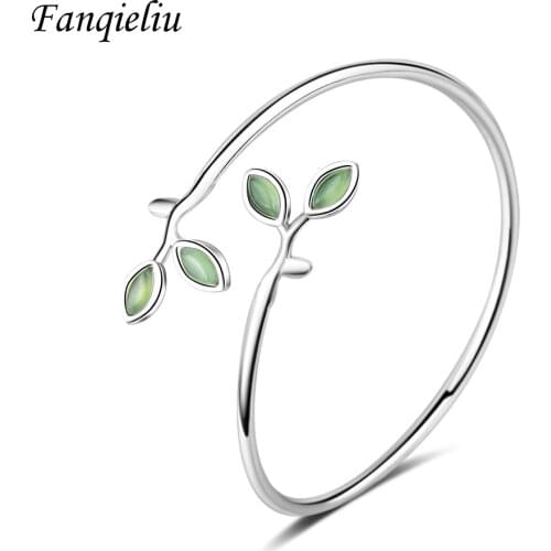 Fanqieliu Green Oliver Leaf Vintage Bangles Woman 925 Sterling Silver Bracelets For Women Plant Cuff Bracelet FQL20350