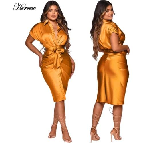 HERREW Women Sexy Shirt Ruched Dress Short Sleeve Turn Down Collar Button Up Blouse Dress Satin High Waist Sashed Lace Up Bodyco