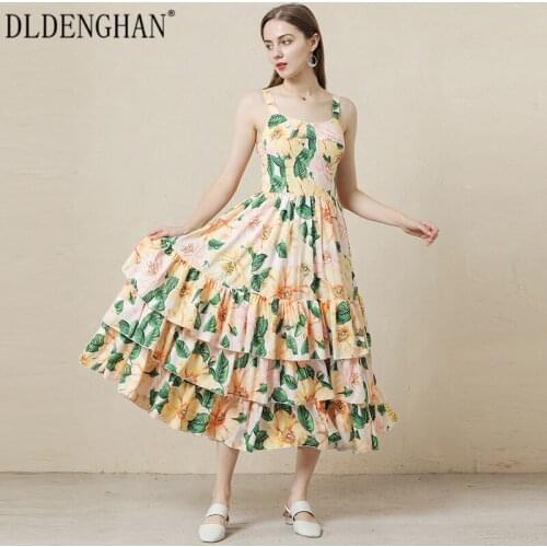 DLDENGHAN Fashion Floral Print Summer Dress Womens Spaghetti Strap Backless Cascading Ruffles Vacation Midi Dresses