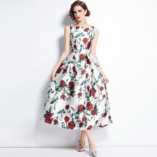 High Quality 2021 Summer Elegant women Sleeveless O-neck Tank A-Line Floral print Dress