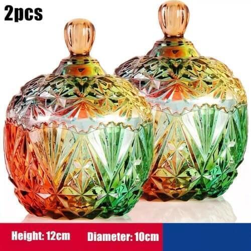 2pcs Rainbow Crystal Glass Storage Jar Lids Candy Jar Organizer Glass Container Jewelry Box Storage Interior Tabletop Decoration