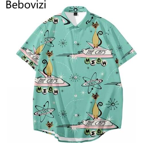 Bebovizi Fashion Creative Cat Print Short Sleeved Green Shirt Summer Casual Men Loose Hawaiian Shirt Camisas Top Clothing