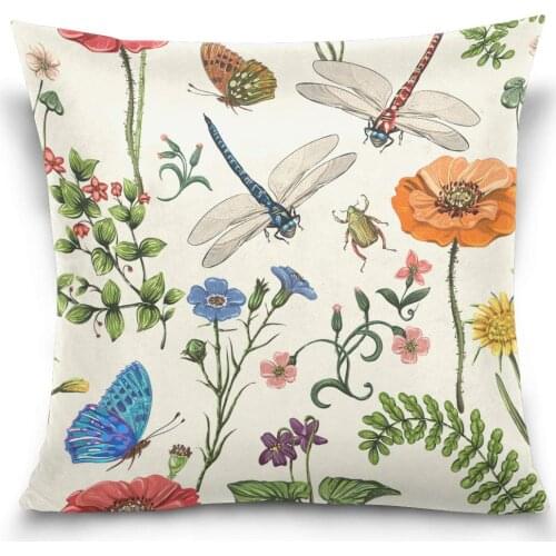 Flowers Vintage Butterfly Dragonfly Decorative Square Double-Sided Throw Pillow Case Cushion Cover 18 x 18 inch for Sofa Bedroom