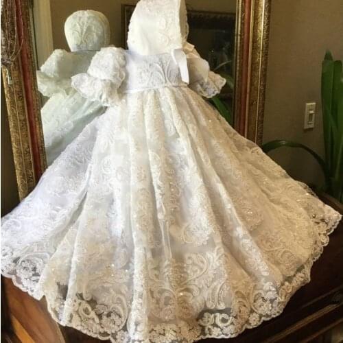Pearls Baby Christening Gown & Bonnet Appliques Kids Baptism Gowns Short Sleeves Vintage Girls And Boys Christening Dress