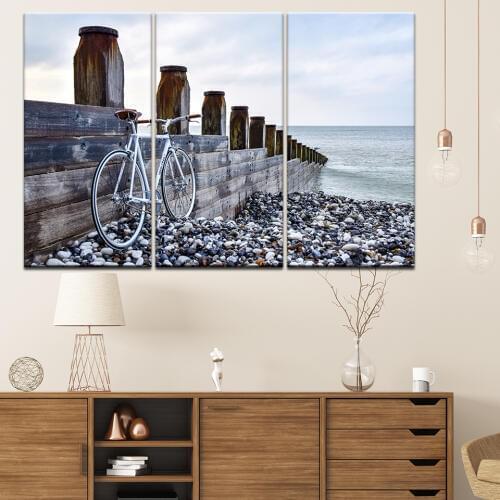 Canvas Painting white bicycle Seaside wooden bridge 3 Pieces Wall Art Painting Modular Wallpapers Poster Print Home Decor