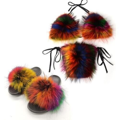 Womens Fashion Fox Fur Slides Furry Fox Hair Bra and Underpants Sets Ladies Sexy Raccoon Fluffy Slippers Female Home Sandals