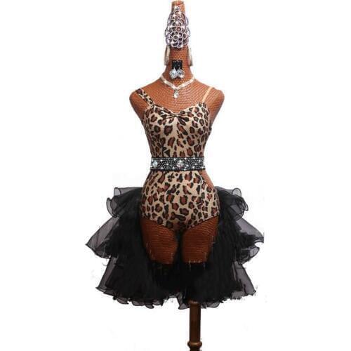 Latin Dance Competition Costume Performance Costume Sexy Leopard-print Dance Skirt Black Cake Skirt #LD0052