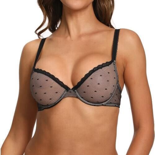 Vgplay Lace Lingerie Sexy Bra See Through Unlined Plunge Hollow Underwire Bras For Women Mesh Dot Transparent Big Cup Brassiere