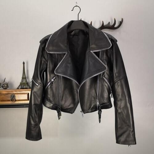 New Genuine Leather Jacket Short Coat Women Real Sheepskin Punk Gothic Motorcycle Biker Streetwear Black Brown Jacket Outerwear