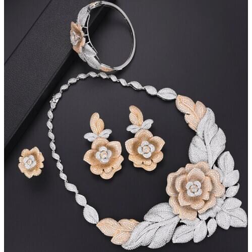 LARRAURI 2019 Luxury Flower flos chrysanthemi Shape CZ Jewelry Sets Collar Necklace Earrings Bangle Resizable Ring Jewelry Sets