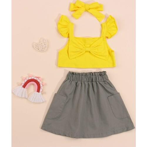 3Pcs Toddler Summer Outfit, Solid Color Ruffled Bowknot Crop Tops + Elastic Waist Skirt + Hairband for Girls, 1-6 Years