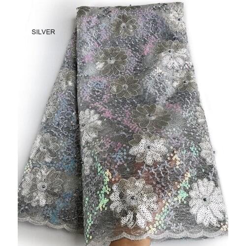 Massive Shiny Sequins Floral Embroidery Tulle Lace Fabric African French Lace Silver 5 yards
