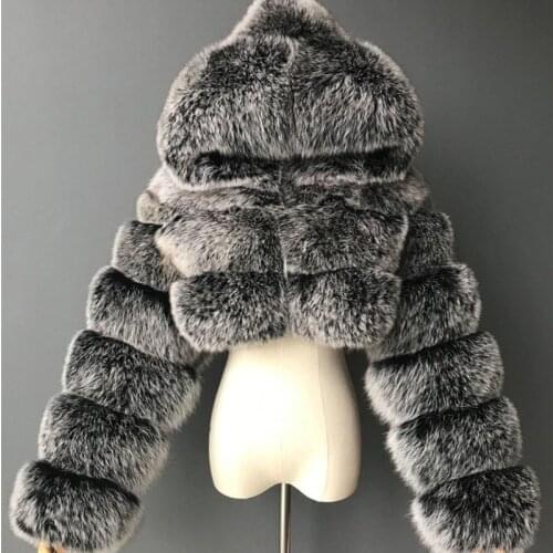 Fashion Ultrashort Faux Fox fur Coat Womens Winter Hooded Fur Jacket Female Plus size Thicken Outerwear Artificial fur KW133