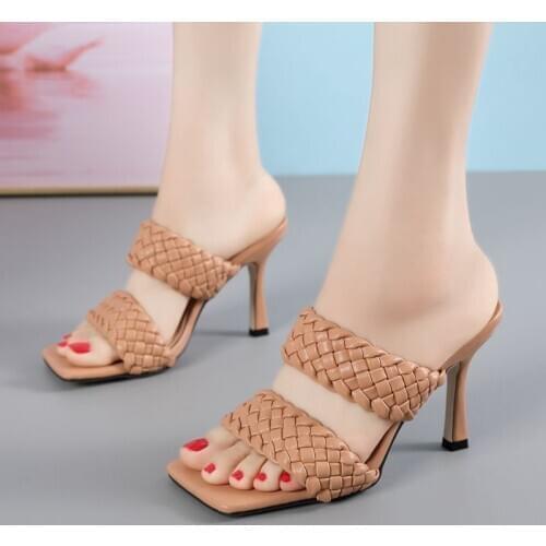 New Leather Braided High Heels Slippers Women Runway Party Shoes Woman Cross Wove Folds Mules Shoes Sexy Thin Heel Sandals Woman