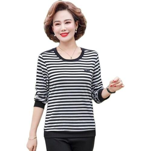 2021 New Women Long Sleeve Stripe T-Shirts Slim Pullover Bottom Shirt Casual Plus Size 5XL Mother Tops Spring Autumn Clothing