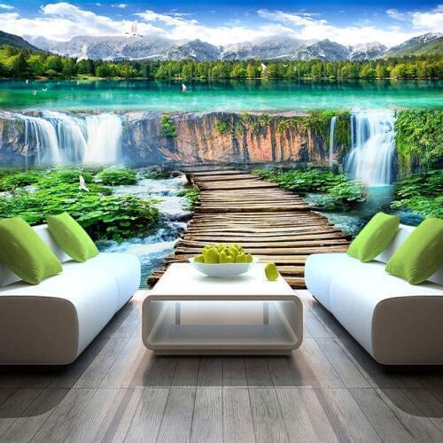 Chinese Style Waterfalls Landscape Wood Bridge Photo Mural Wallpaper Living Room TV Sofa Backdrop Wall Covering Home Decor Mural